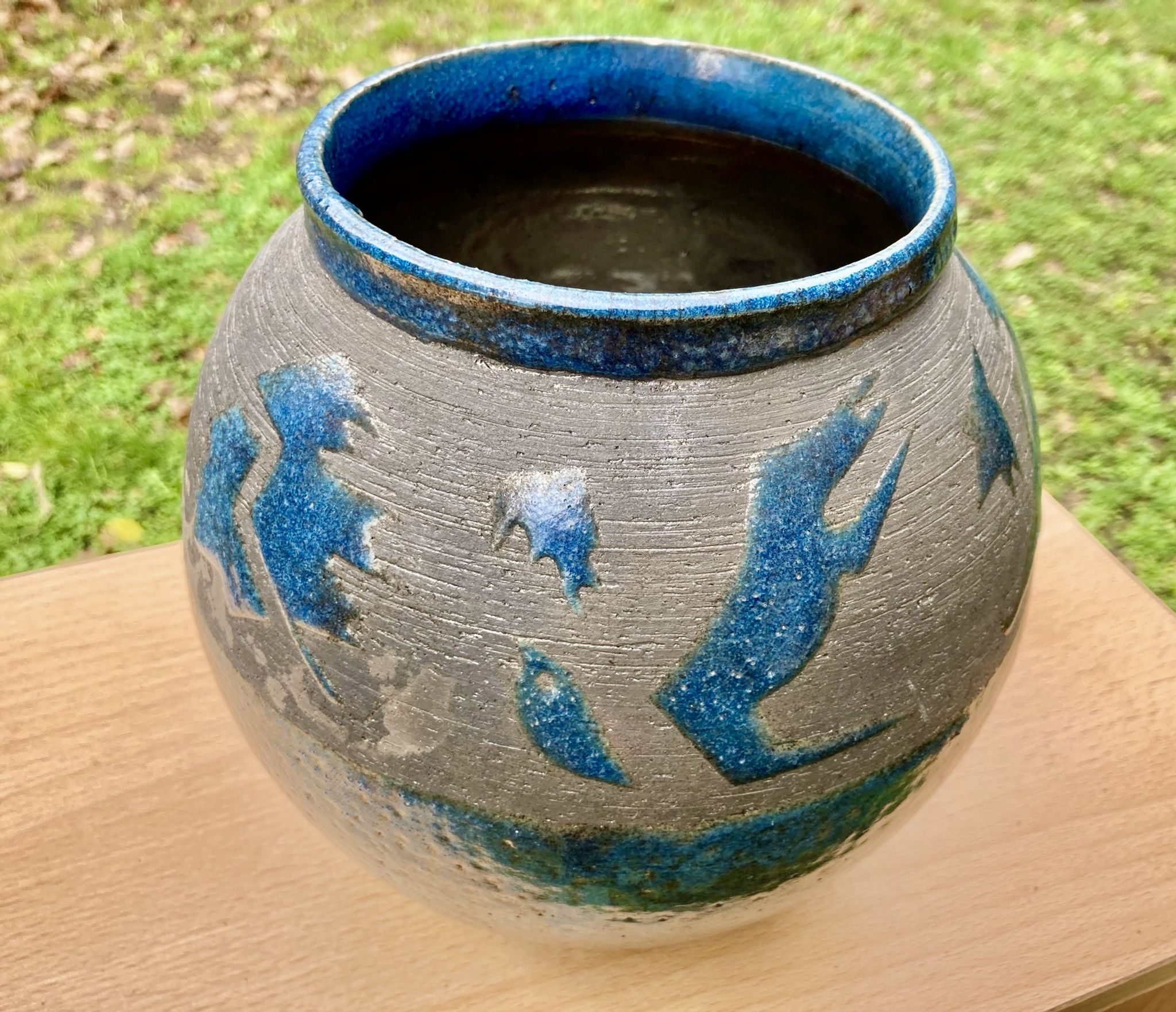VASE PENSU , in enamelled ceramic, blue and gray abstract decoration - N° 10 - Vintage