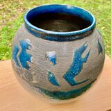 VASE PENSU , in enamelled ceramic, blue and gray abstract decoration - N° 10 - Vintage