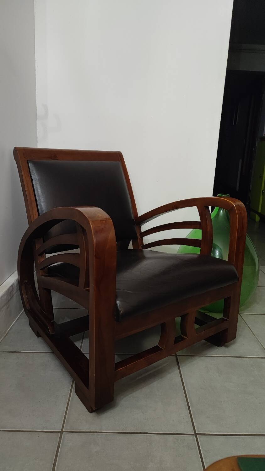 Leather and teak armchair