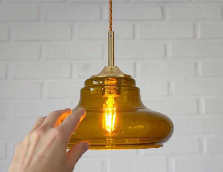 Hand-blown amber glass pendant light: MCM retro bar golden hanging lamp