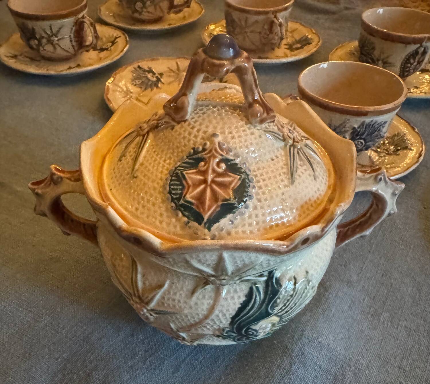 Wasmuel barbotine coffee and dessert plate service, late 19th century (19th century)