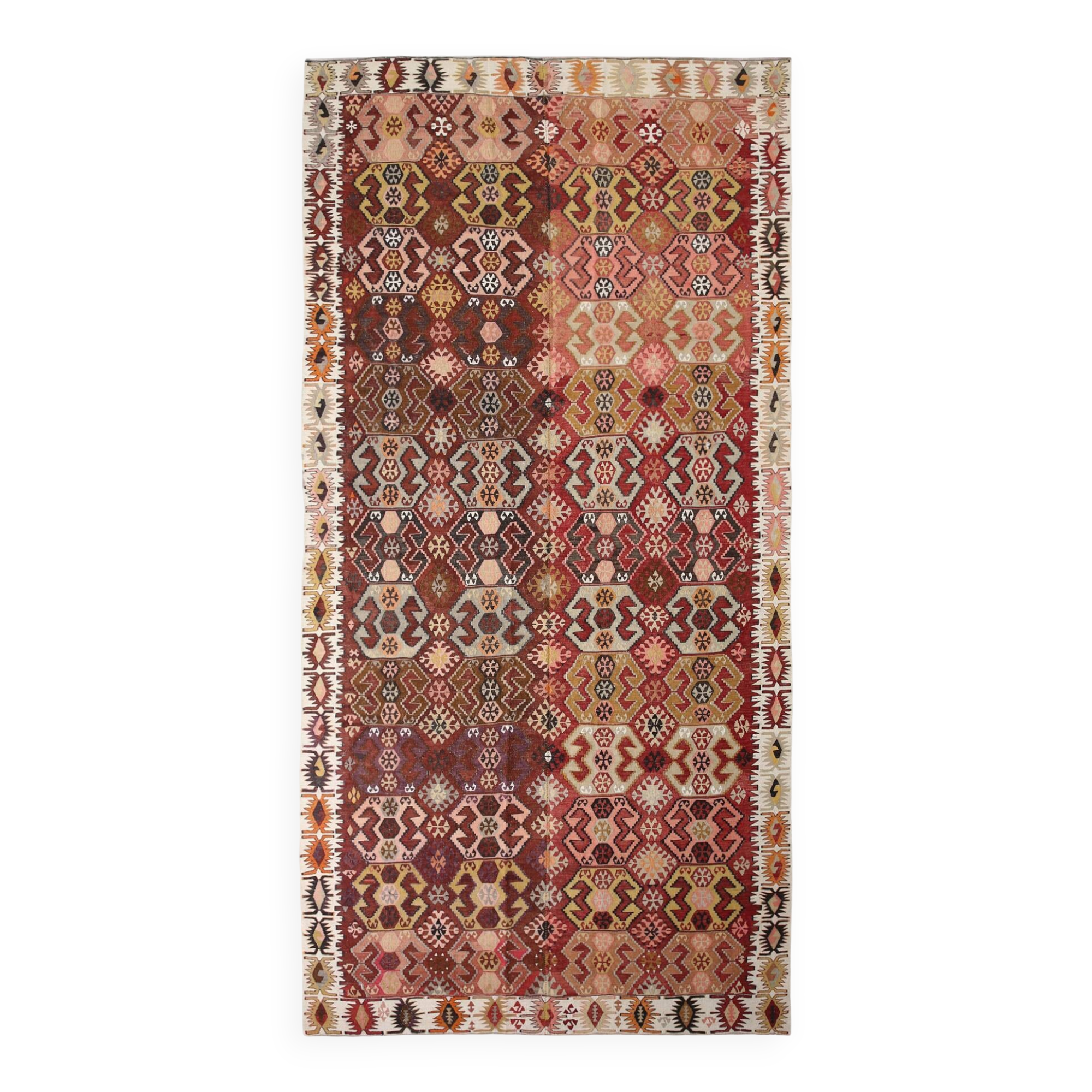 Tapis Kilim couleur terre cuite 212x438Cm, tapis en laine tissé à la main, tapis Oushak