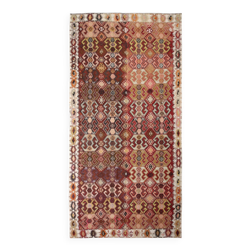 212x438Cm Terracotta Color Kilim Rug, Handwoven Wool Rug, Oushak Area Rug