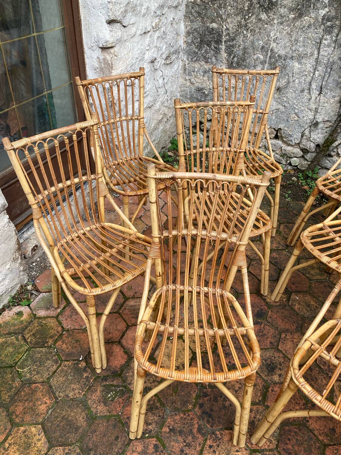 Lot de 10 chaises en rotin vintage