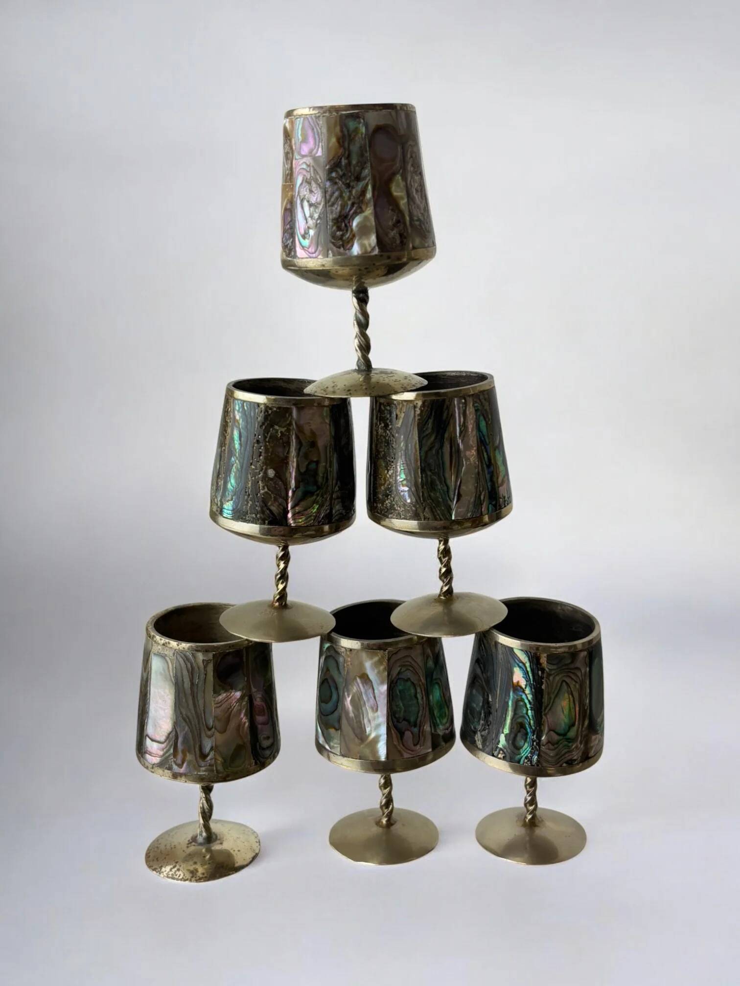 Abalone shell & alpaca shot glasses, set of 6, Mexico, 1970s