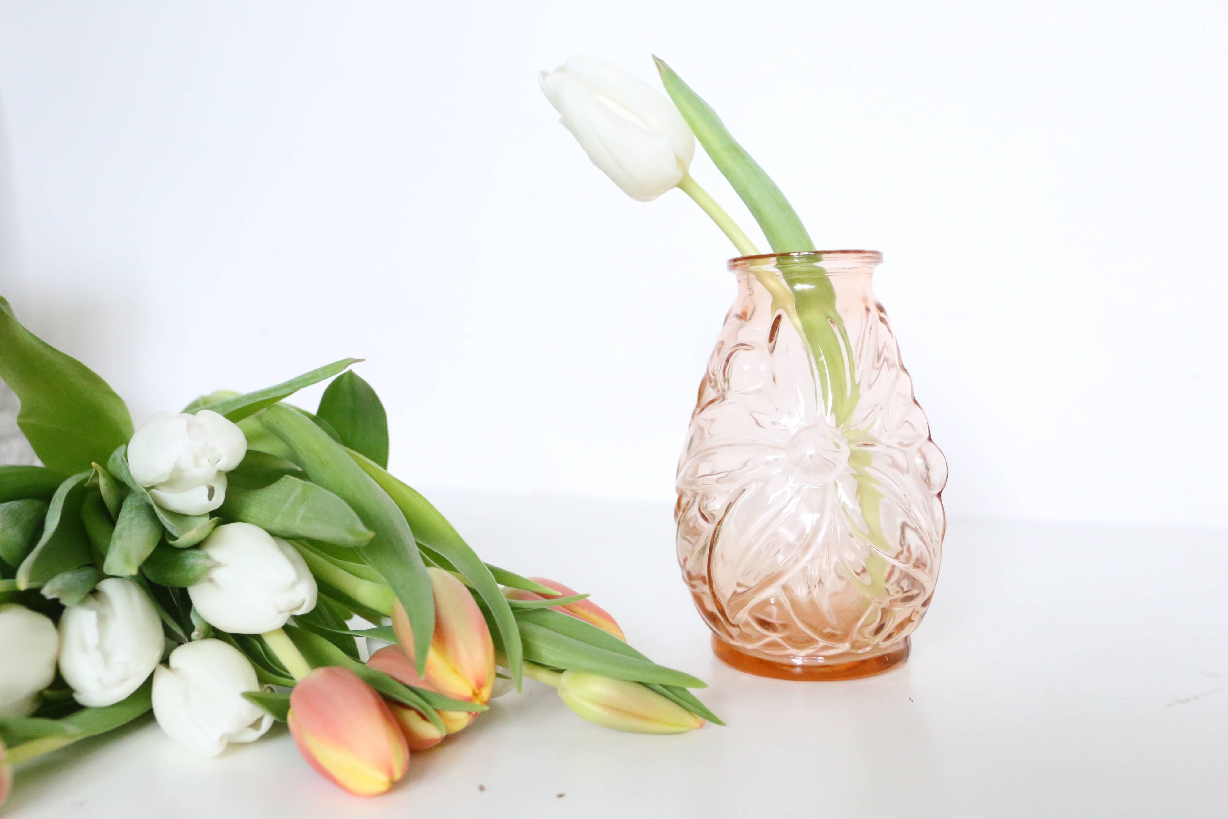 Old pink glass vase, molded glass, vintage French