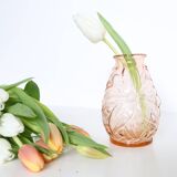 Old pink glass vase, molded glass, vintage French