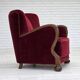 1950s, Danish relax armchair, cherry-red furniture velour, dark beech wood.