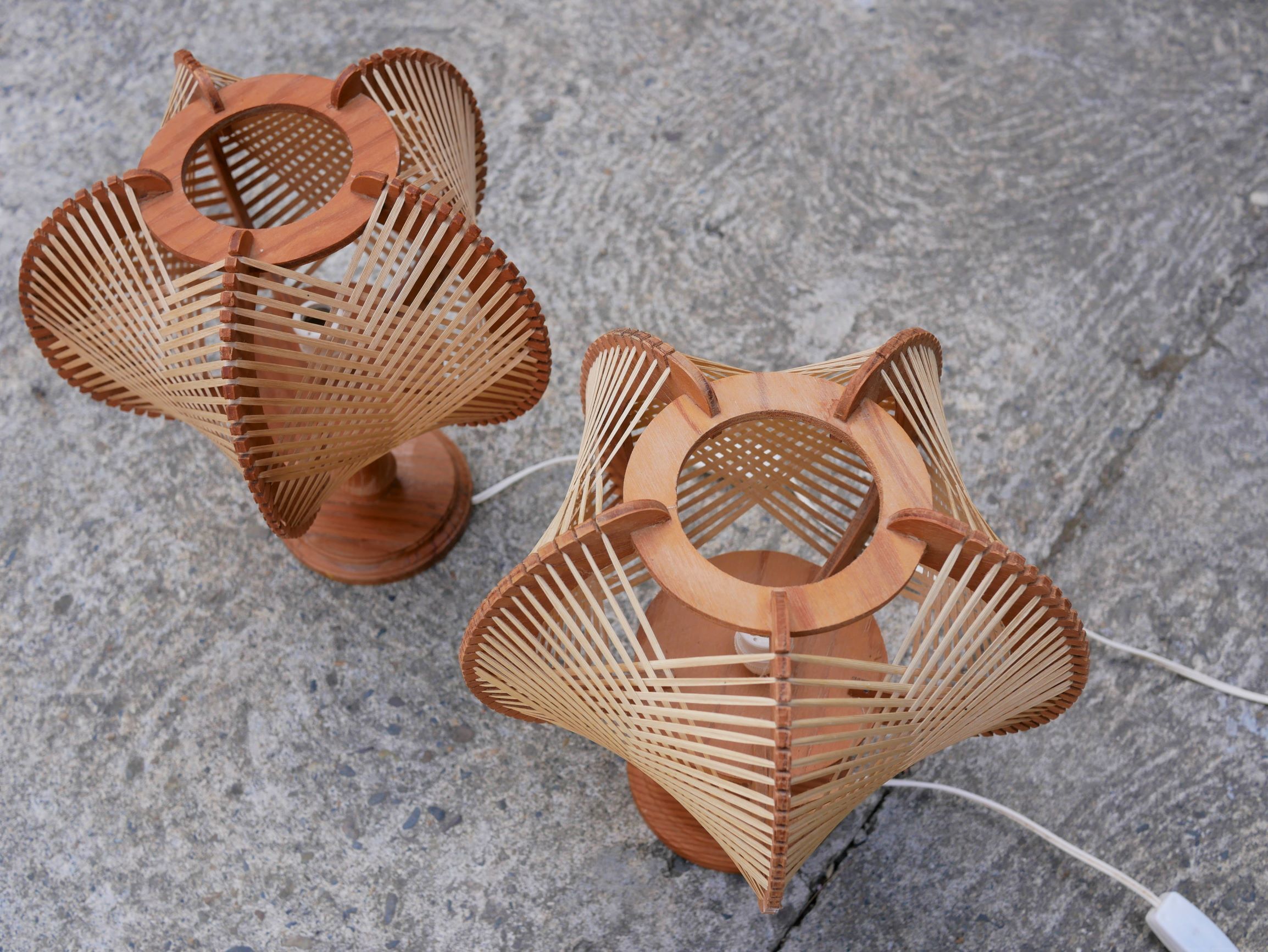 Pair of Scandinavian vintage wood and wire bedside lamps