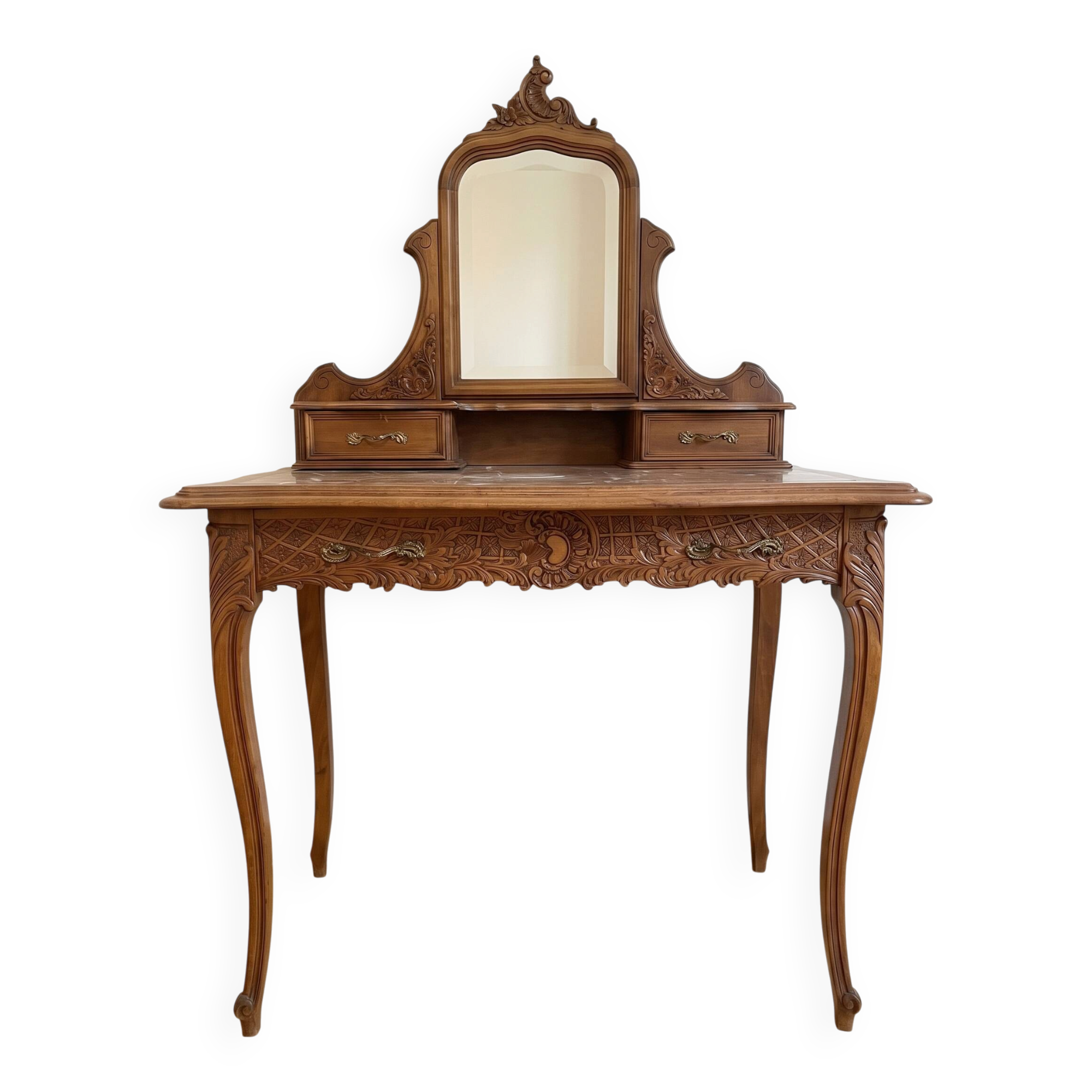 Antique carved wooden dressing table with marble and mirror.