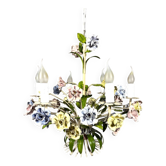 Lustre italien en tôle et porcelaine à fleurs, années 1950