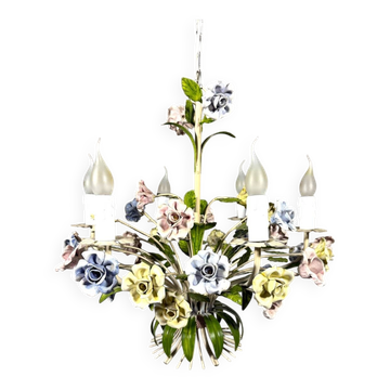 Lustre italien en tôle et porcelaine à fleurs, années 1950