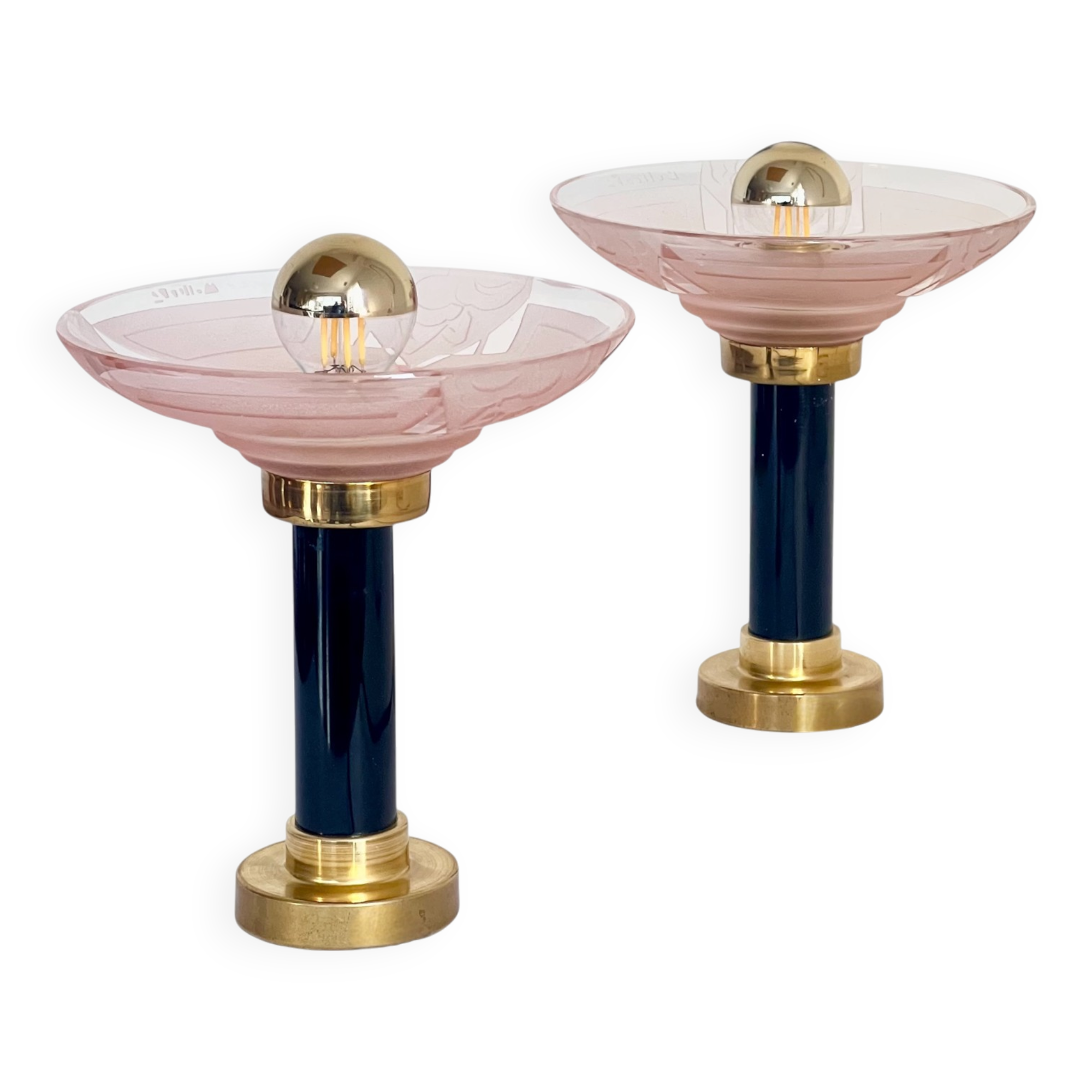 Pair of Art Deco bedside lamps, glass signed by Muller