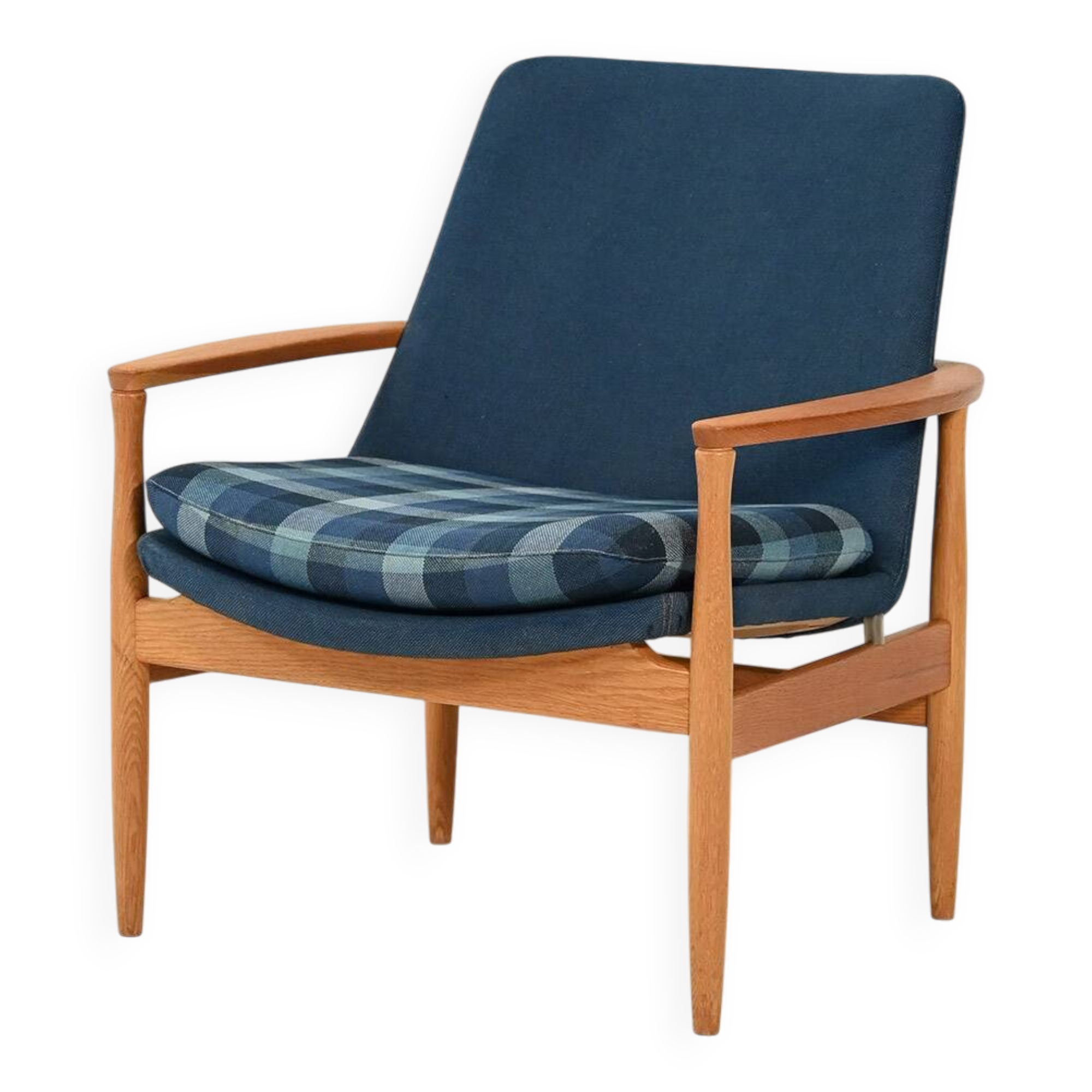 Scandinavian oak and blue wool armchair