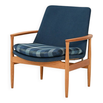 Scandinavian oak and blue wool armchair