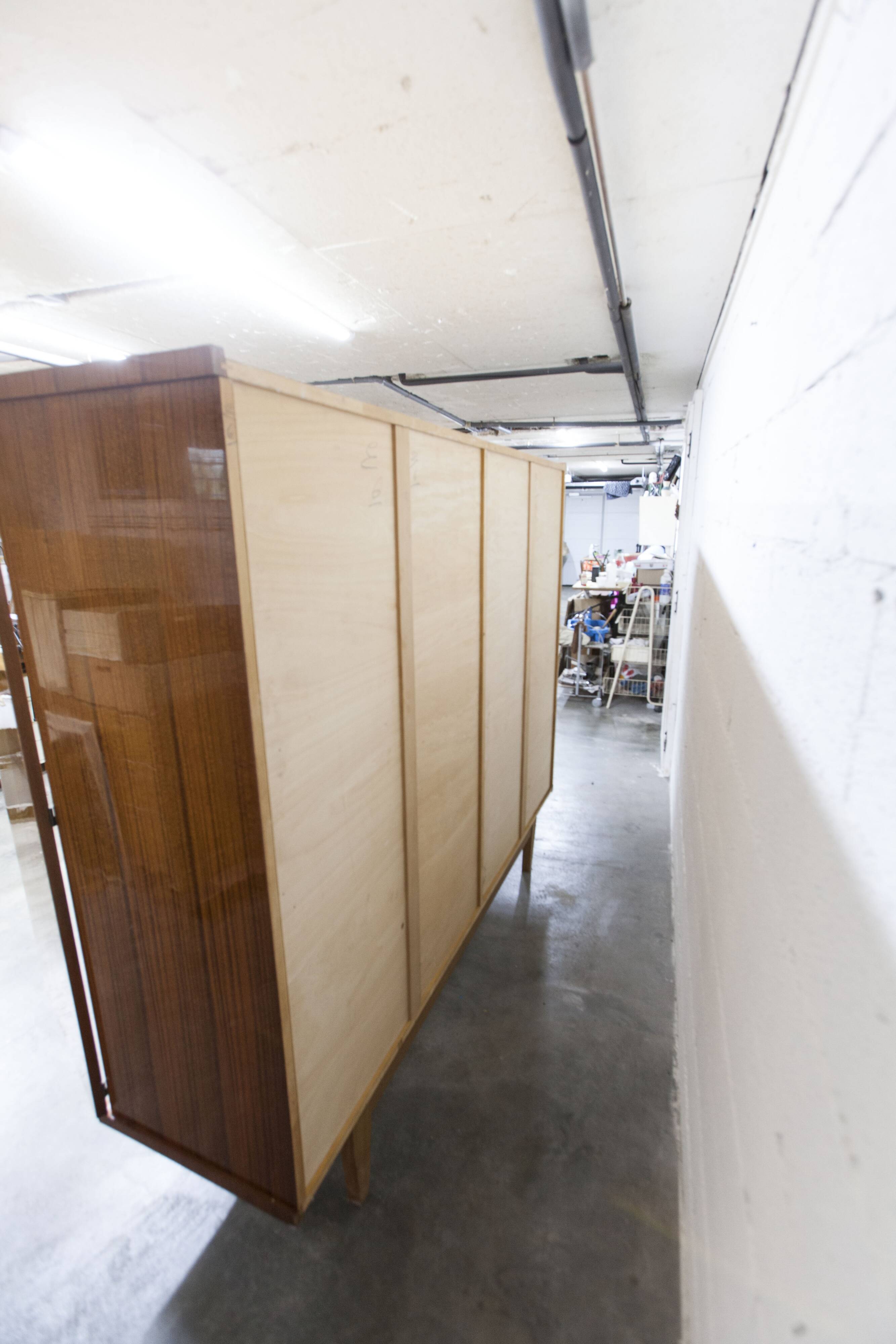 1960s Scandinavian wardrobe, blonde varnished wood, unusual, 4 doors, 3 drawers, 7 shelves.