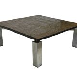 Vintage Square coffee table with slat stone top and chromed steel base - 1960s