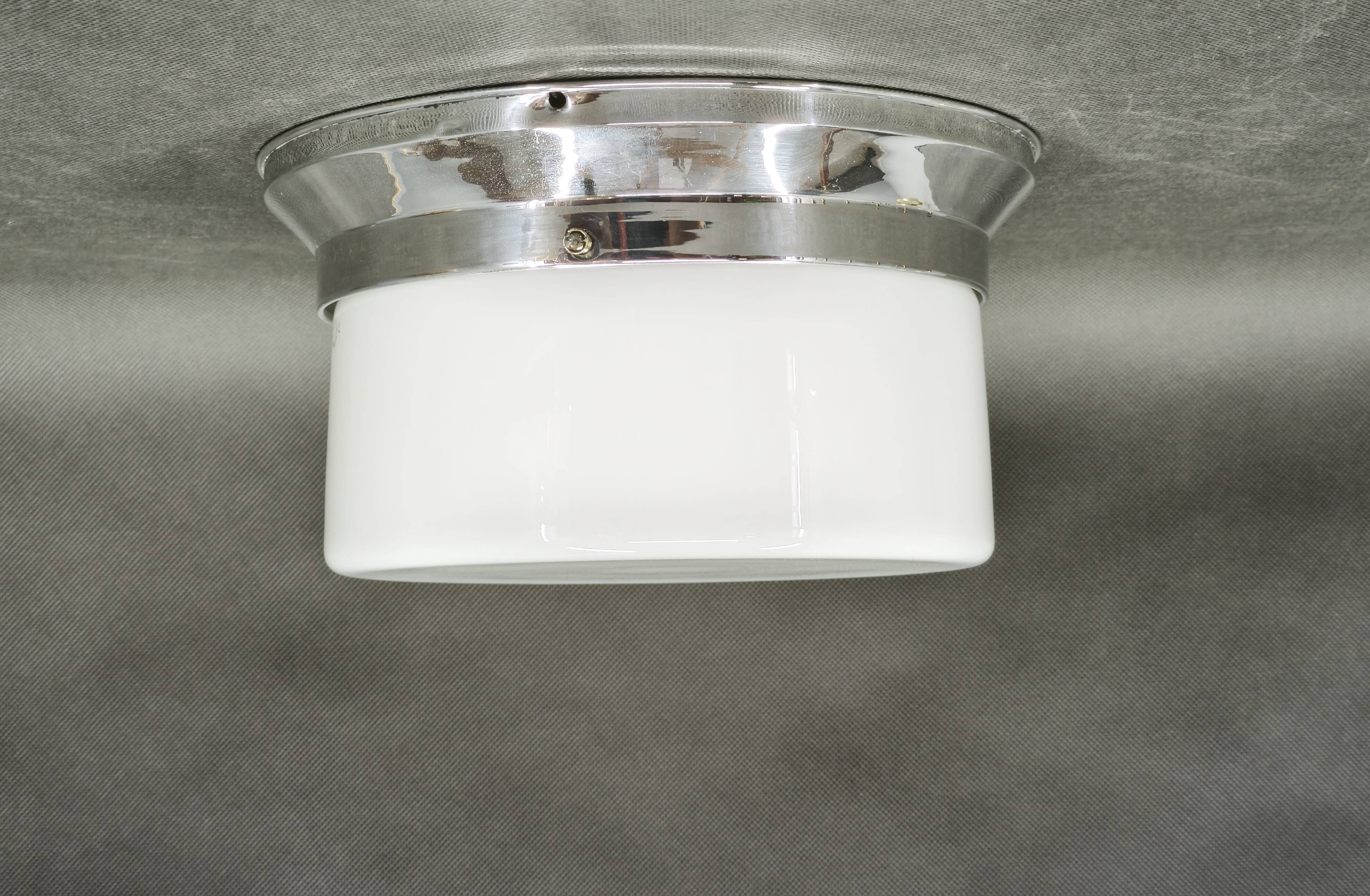 1930s Bauhaus Chrome and Opaline Glass Ceiling Light, Czechoslovakia