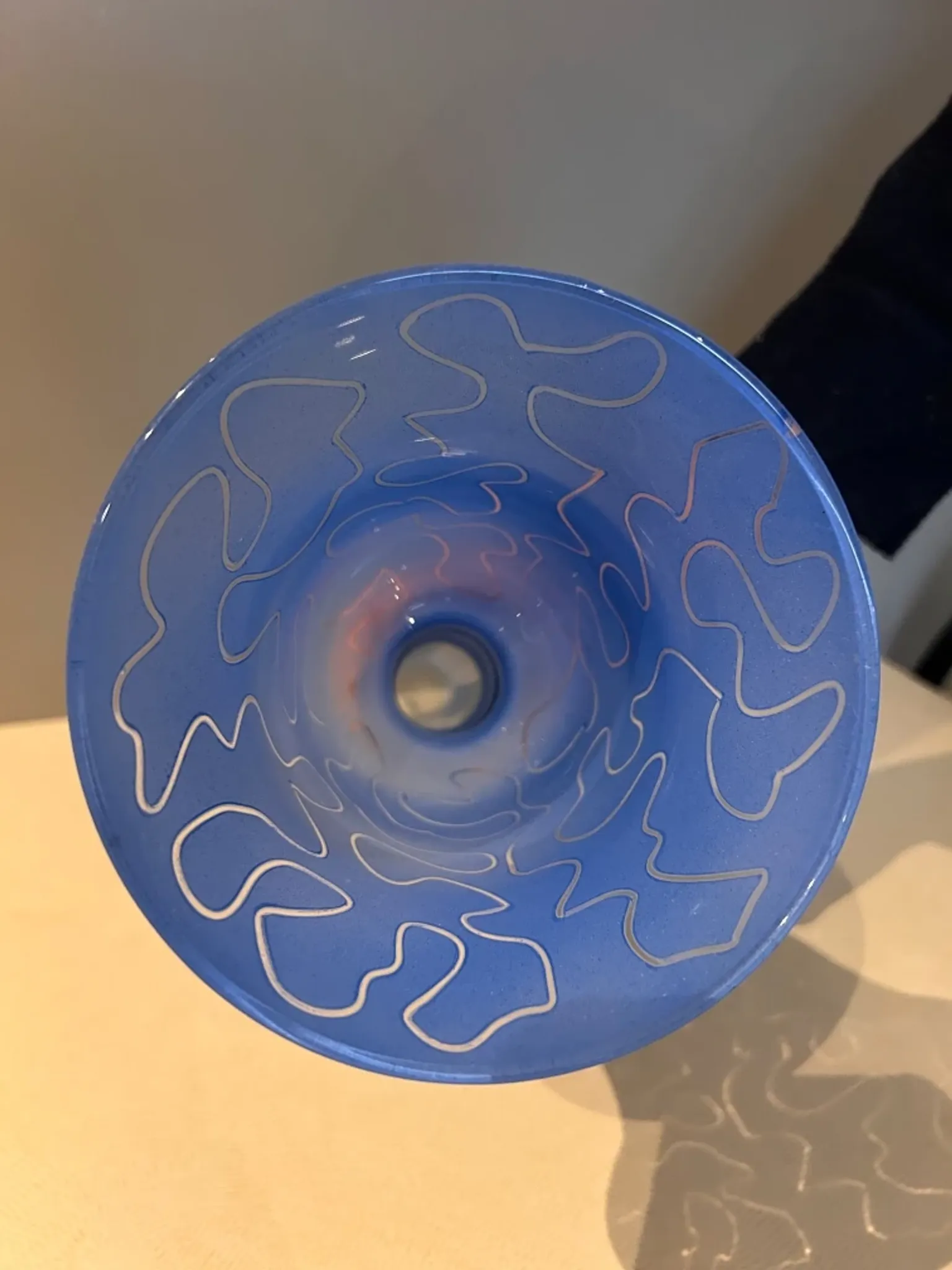 Frosted blue glass tulip vase on a stand. 90s.