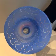 Frosted blue glass tulip vase on a stand. 90s.