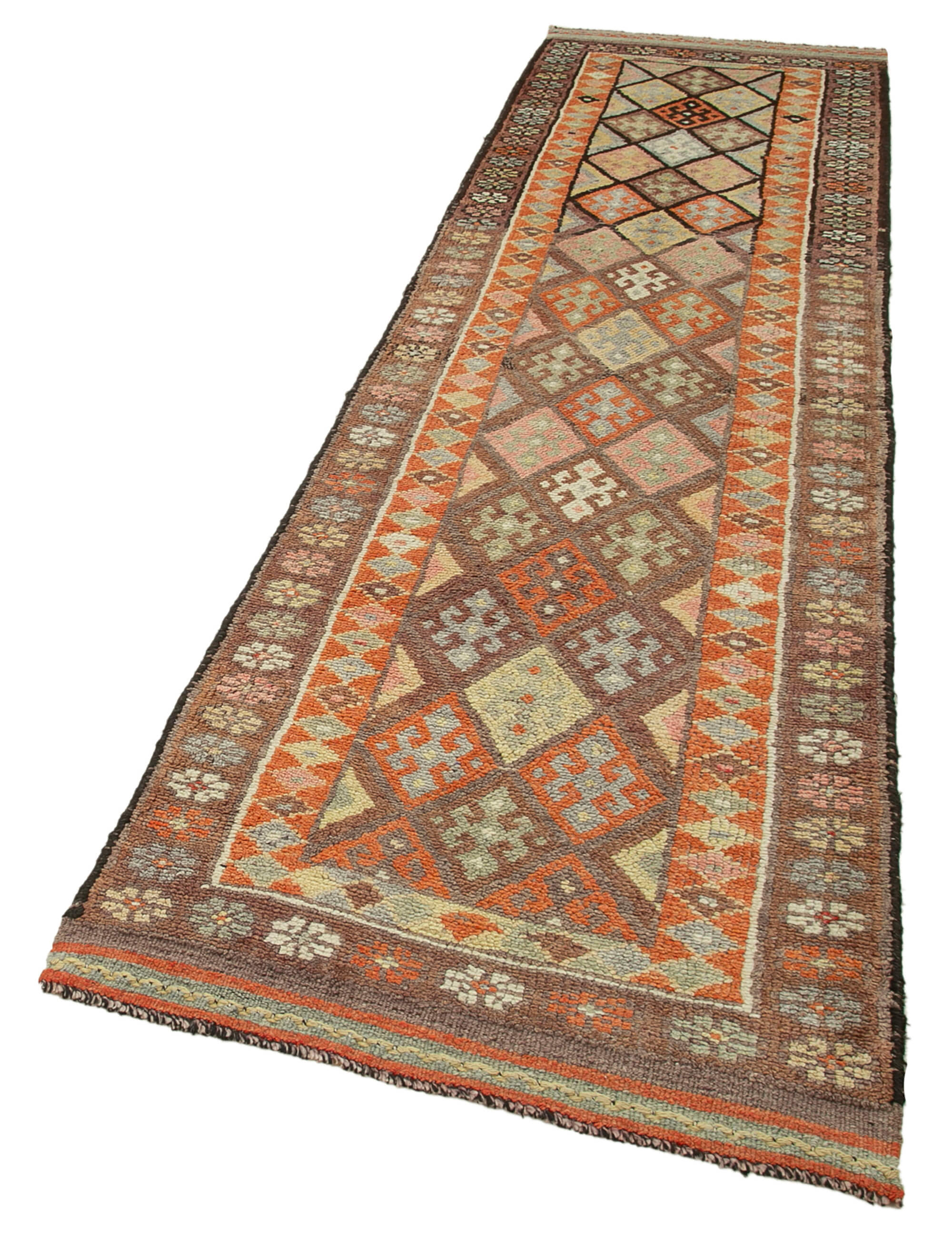 Handwoven Unique Anatolian Brown Runner Carpet 90 cm x 340 cm