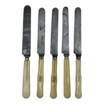 Set of 5 dessert knives with ivory handles.