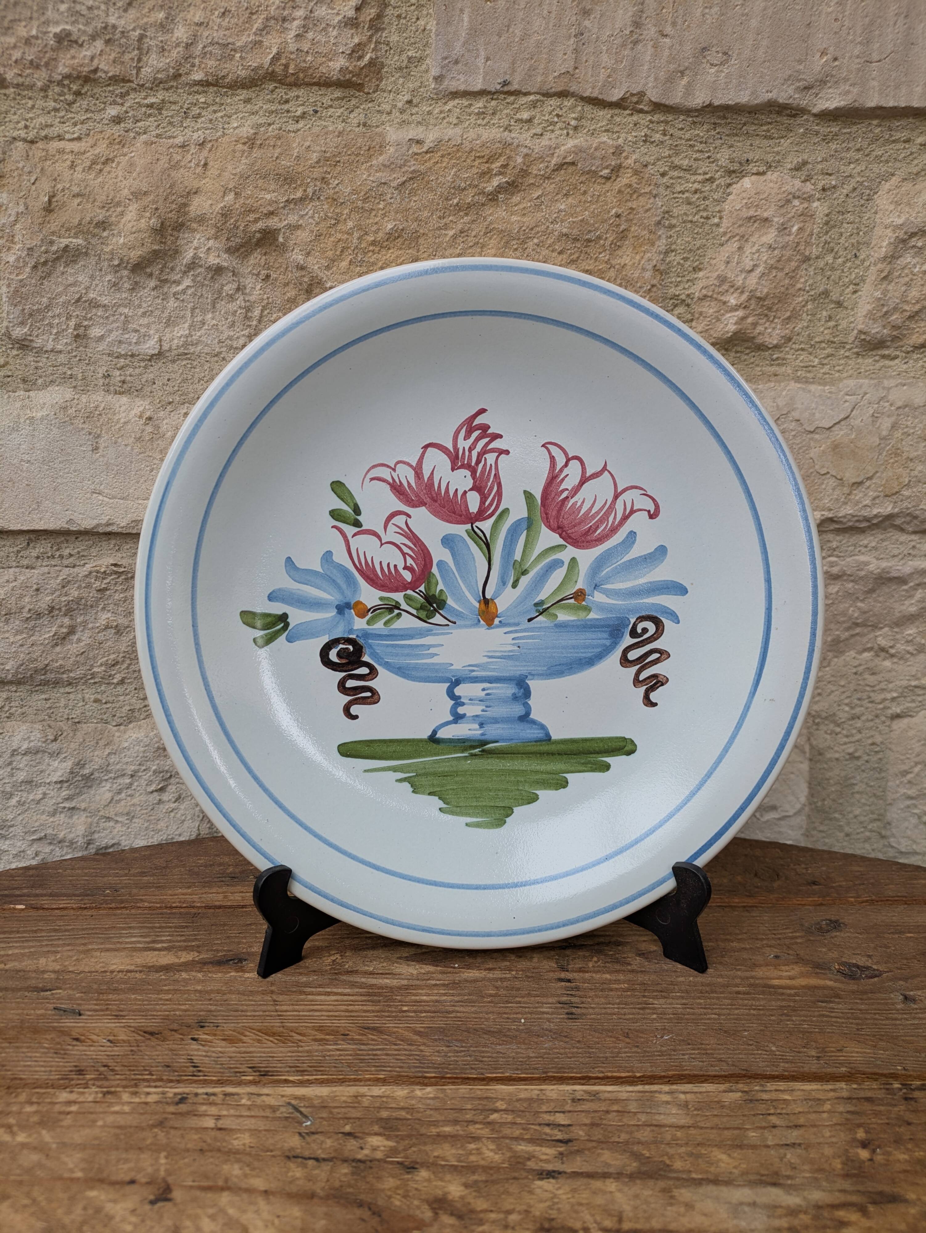 Plate with hand-painted flower bouquet on light blue background 25cm