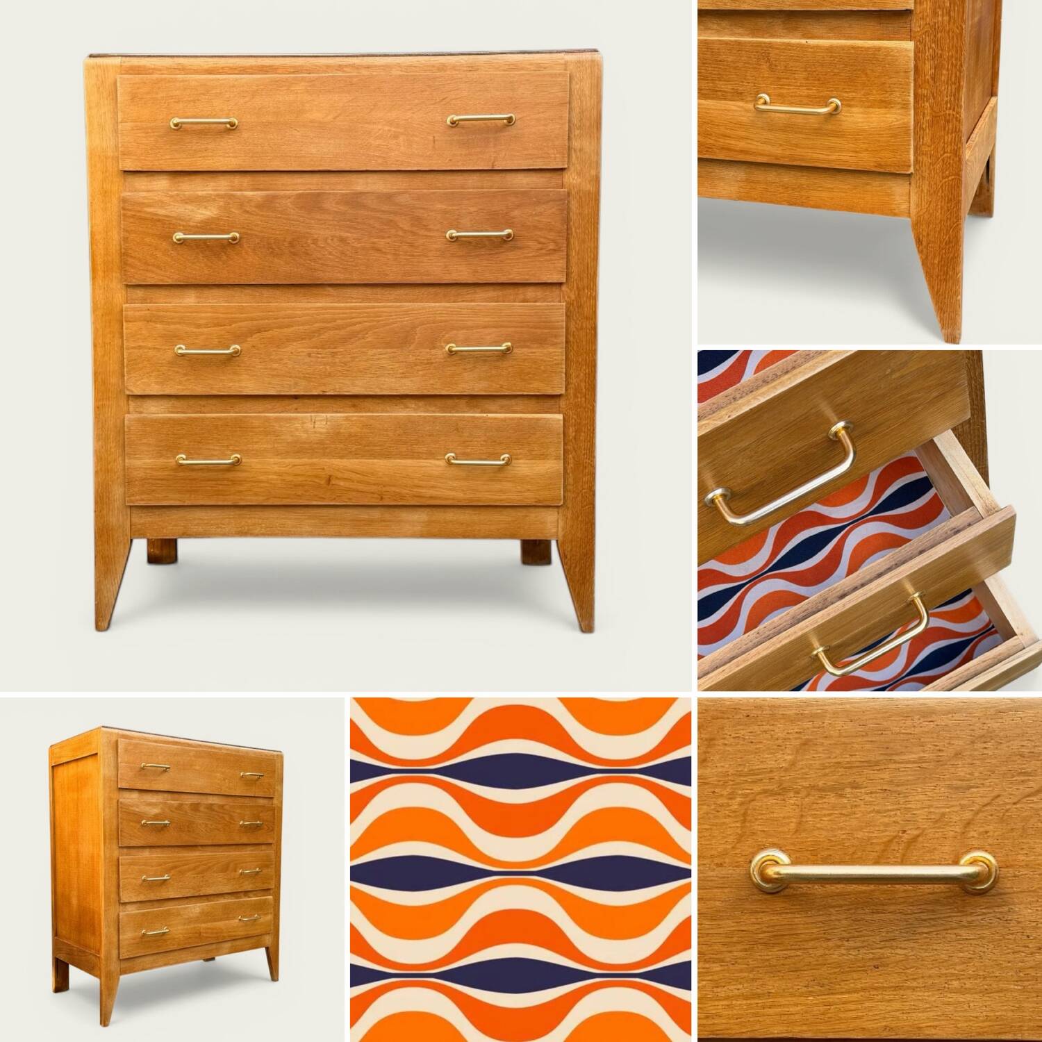 Vintage chest of drawers with tapered legs, solid raw oak, 1960.