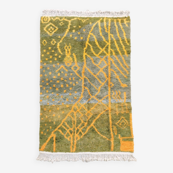 Tapis berbère marocain Beni Ouarain gris vert à motifs jaunes 2,55x1,52m