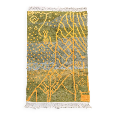 Tapis berbère marocain Beni Ouarain gris vert à motifs jaunes 2,55x1,52m
