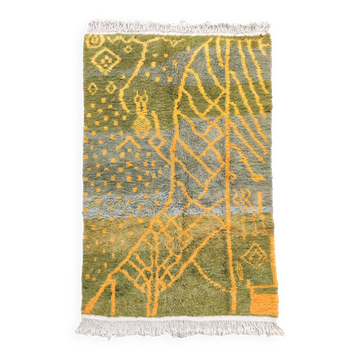 Moroccan Berber carpet Beni Ouarain gray green with yellow patterns 2.55x1.52m