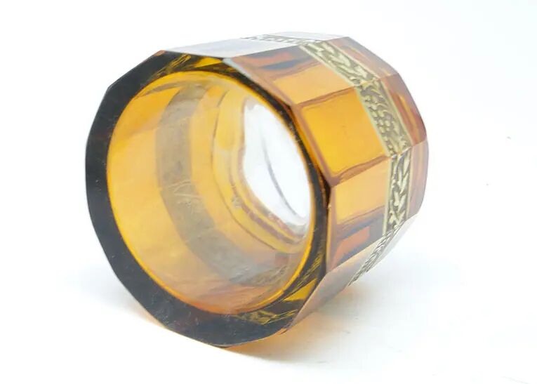 Bonbonnière Art Déco, verre miel, oroplastique, Moser, Bohême, Tchécoslovaquie, années 1930