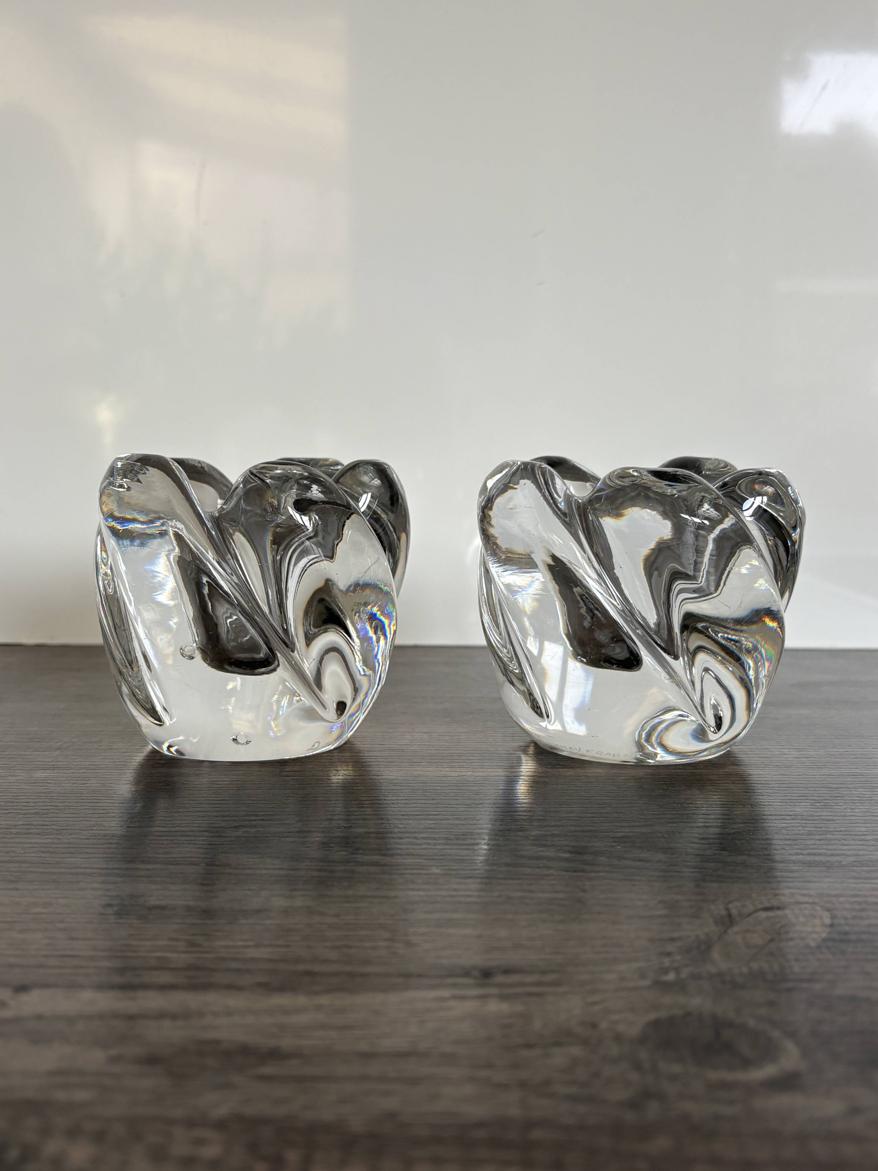 Pair of rose crystal candle holders by Daum France
