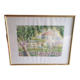 Aquarelle sur papier Simon Sfeir "Maison de campagne" 1993