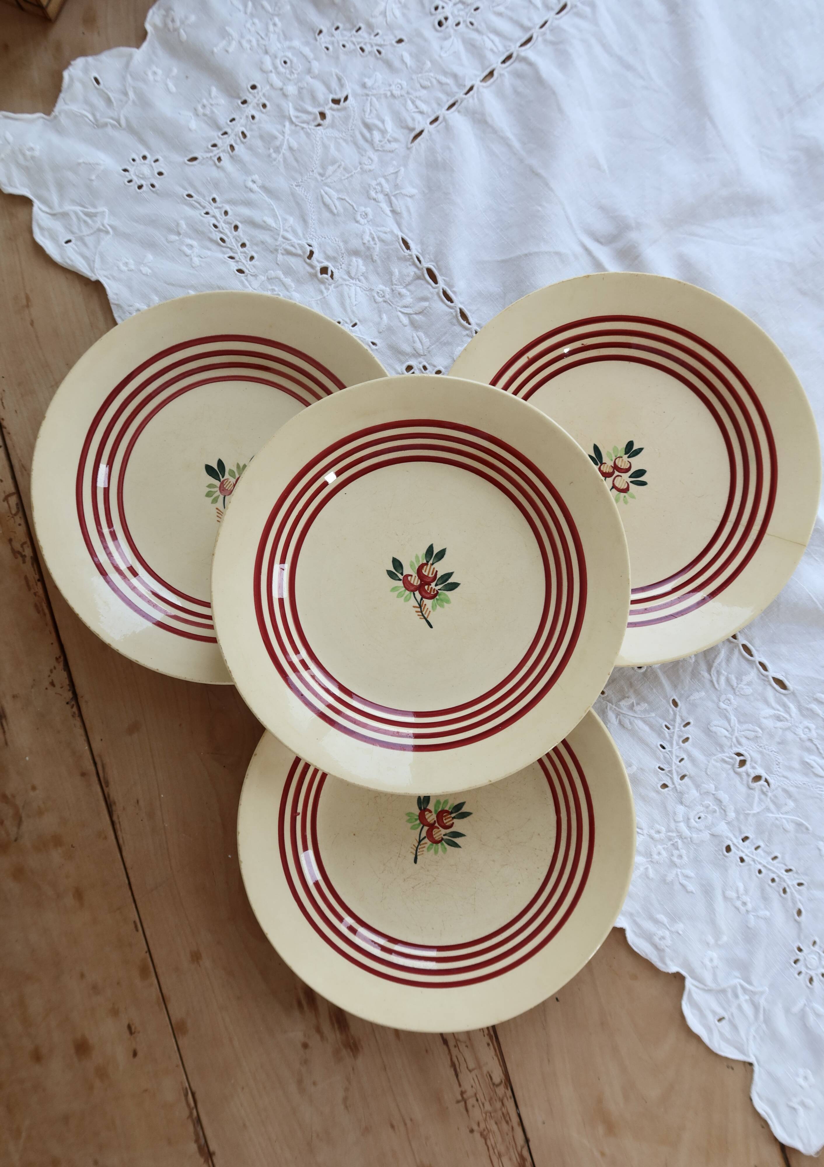 4 vintage Gien ironstone deep plates – Red floral pattern