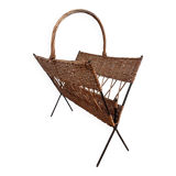 Large vintage 1960s magazine rack in rattan and black steel