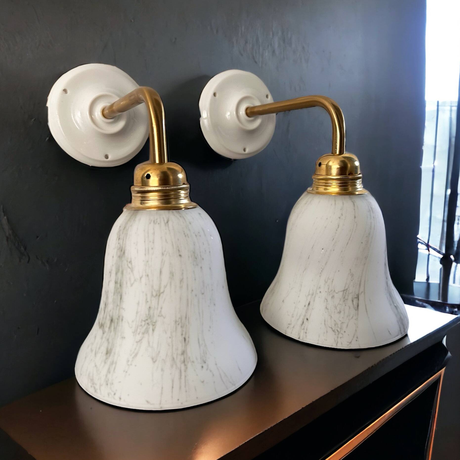 Pair of brass and opaline wall lights