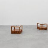 Pair geographical designed square Biosca coffee tables in pine wood, Spain
