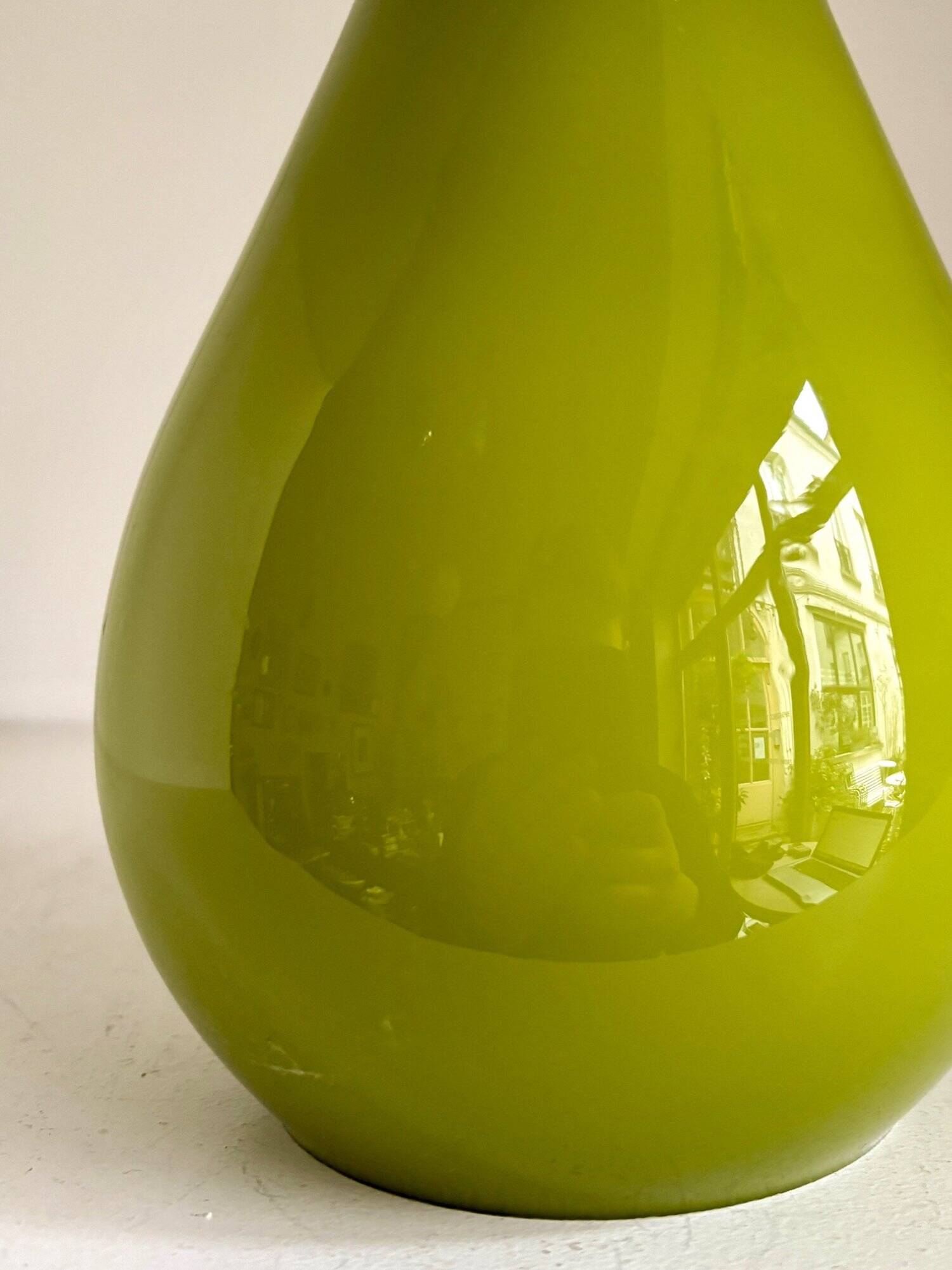 Scandinavian pendant light in green opaline and teak