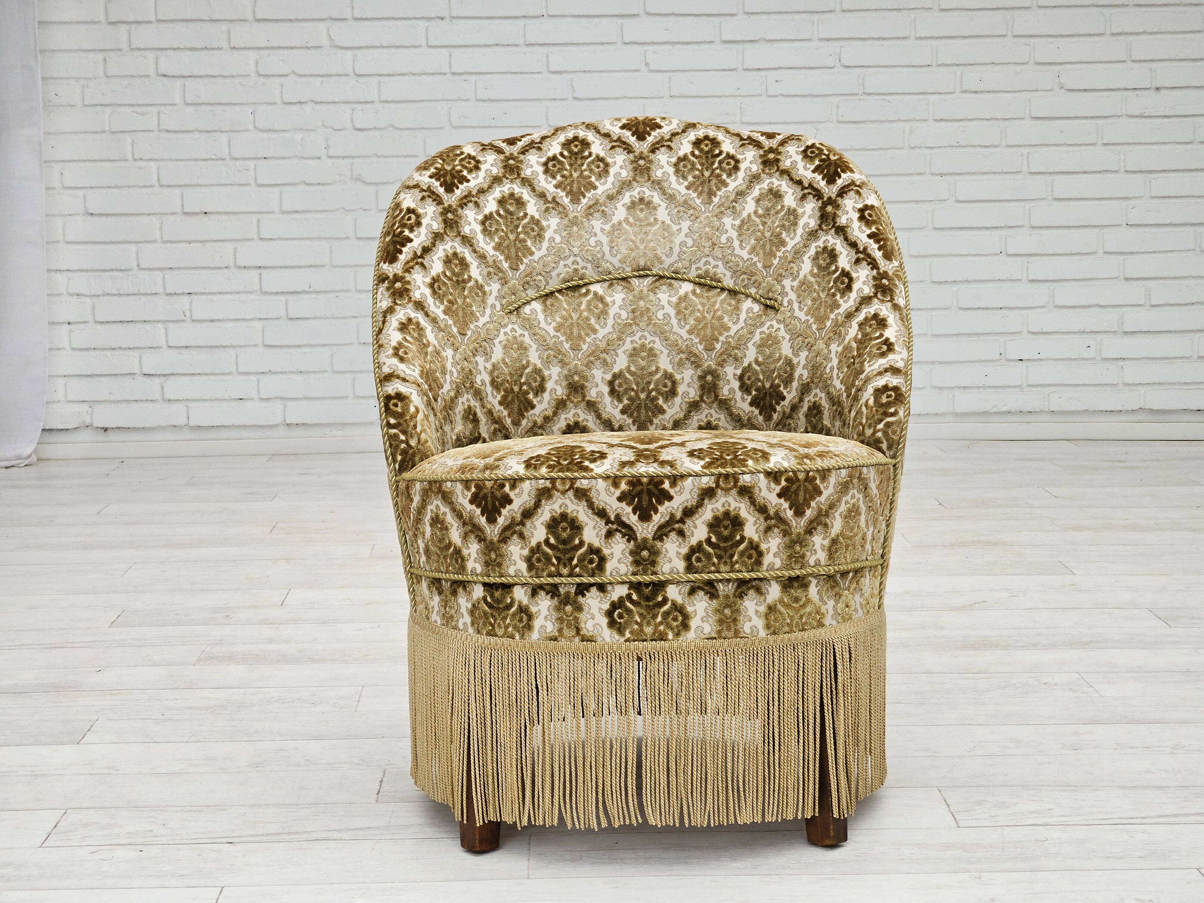 1950s, Danish easy chair, furniture velour, ash wood legs.