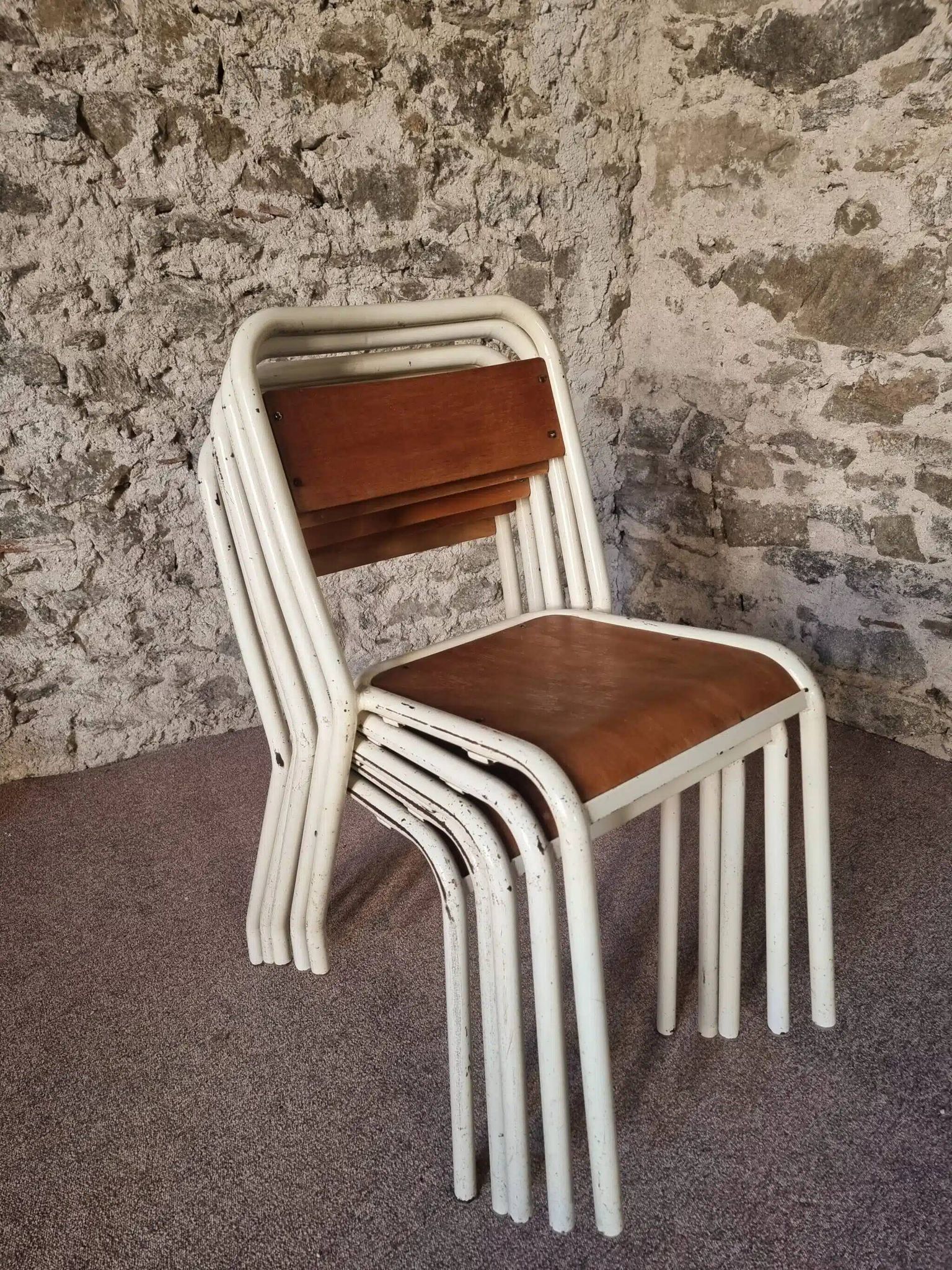 Vintage French school chairs – 1960s industrial cafe seats (set of 5)