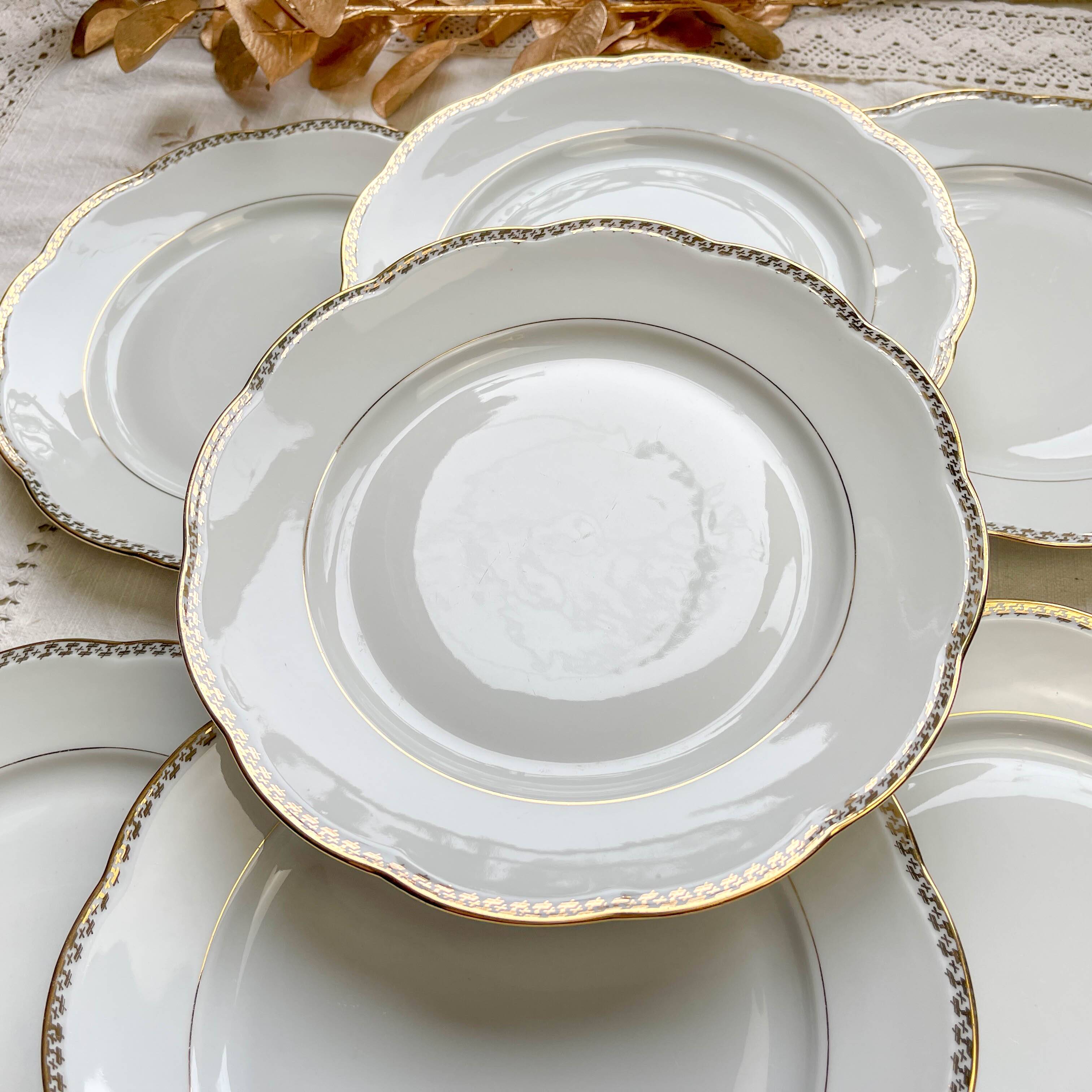 7 Vintage White and Gold Porcelain SPF Dinner Plates – Geometric