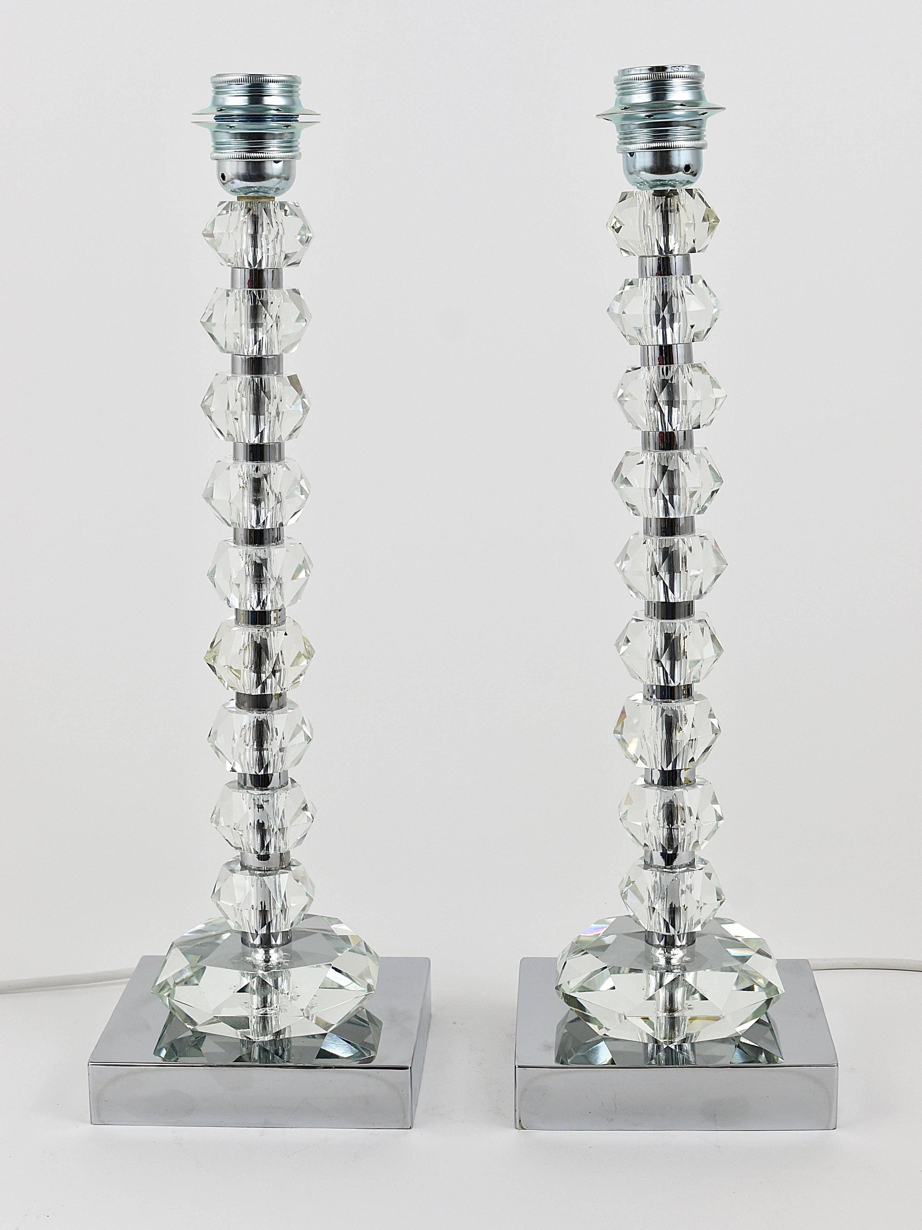 Two Bakalowits table lamps with huge faceted diamond crystals, Austria, 1970s.