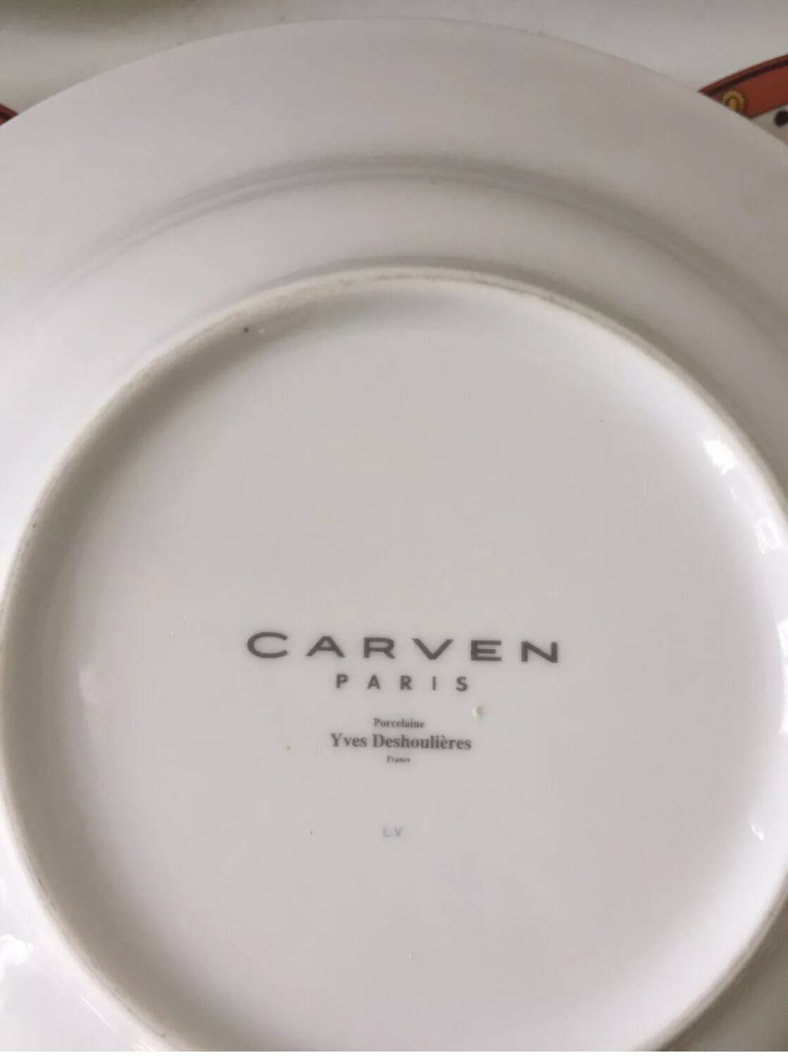 Carven Paris soup plates, Yves Deshoulières porcelain, 1990