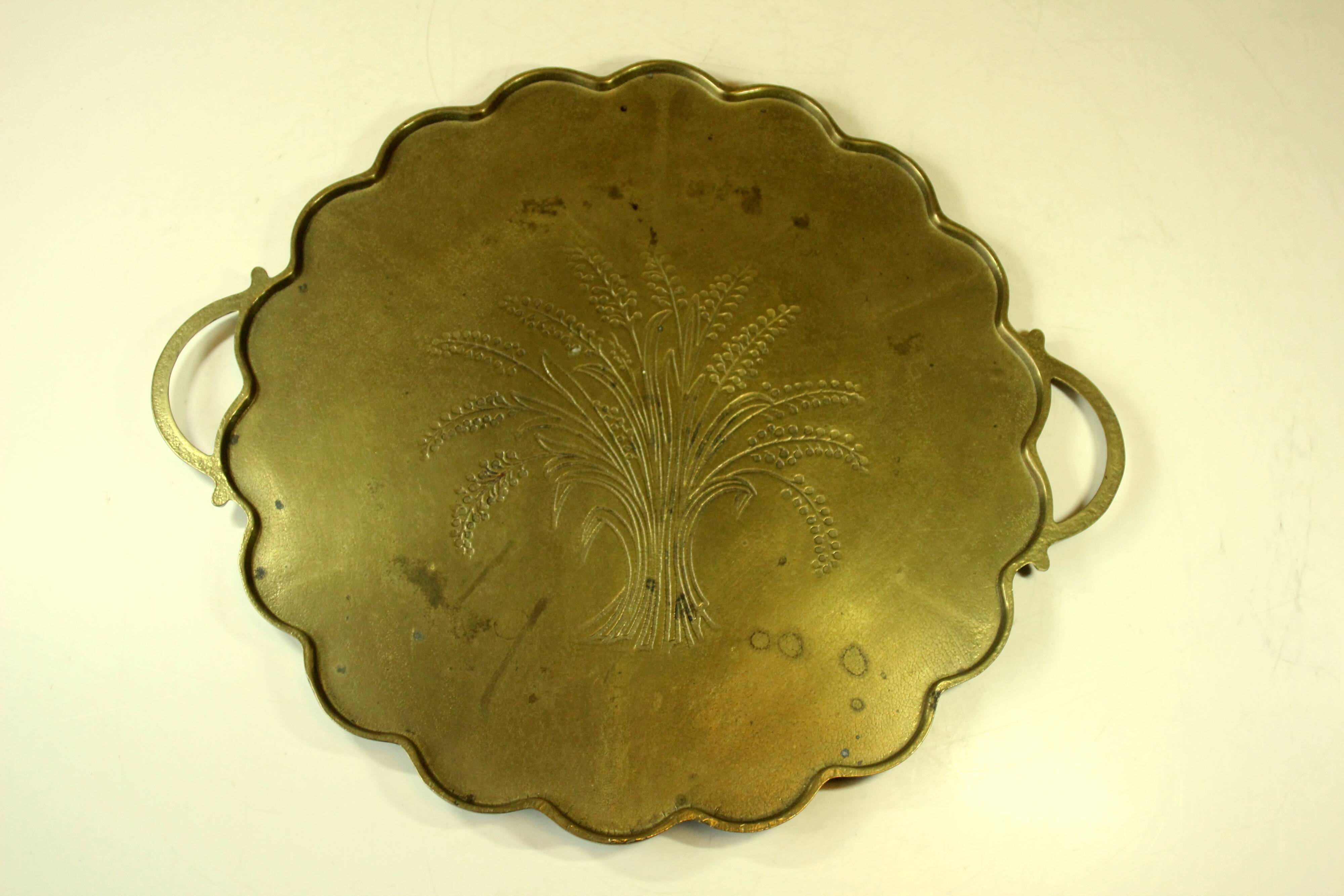 1950s handmade heavy brass serving tray, with handles and small feets, marked, vintage