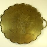 1950s handmade heavy brass serving tray, with handles and small feets, marked, vintage
