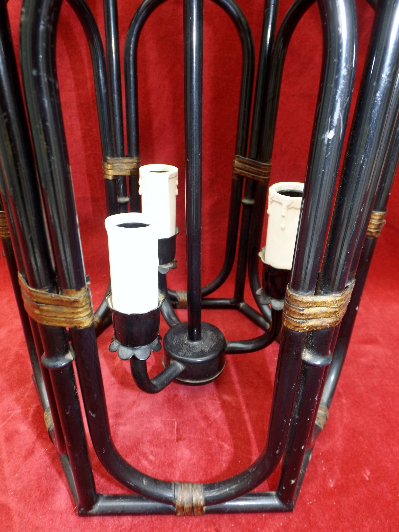 Lantern Cage 3 lights black lacquered metal and gilded brass, french work of the 1950s