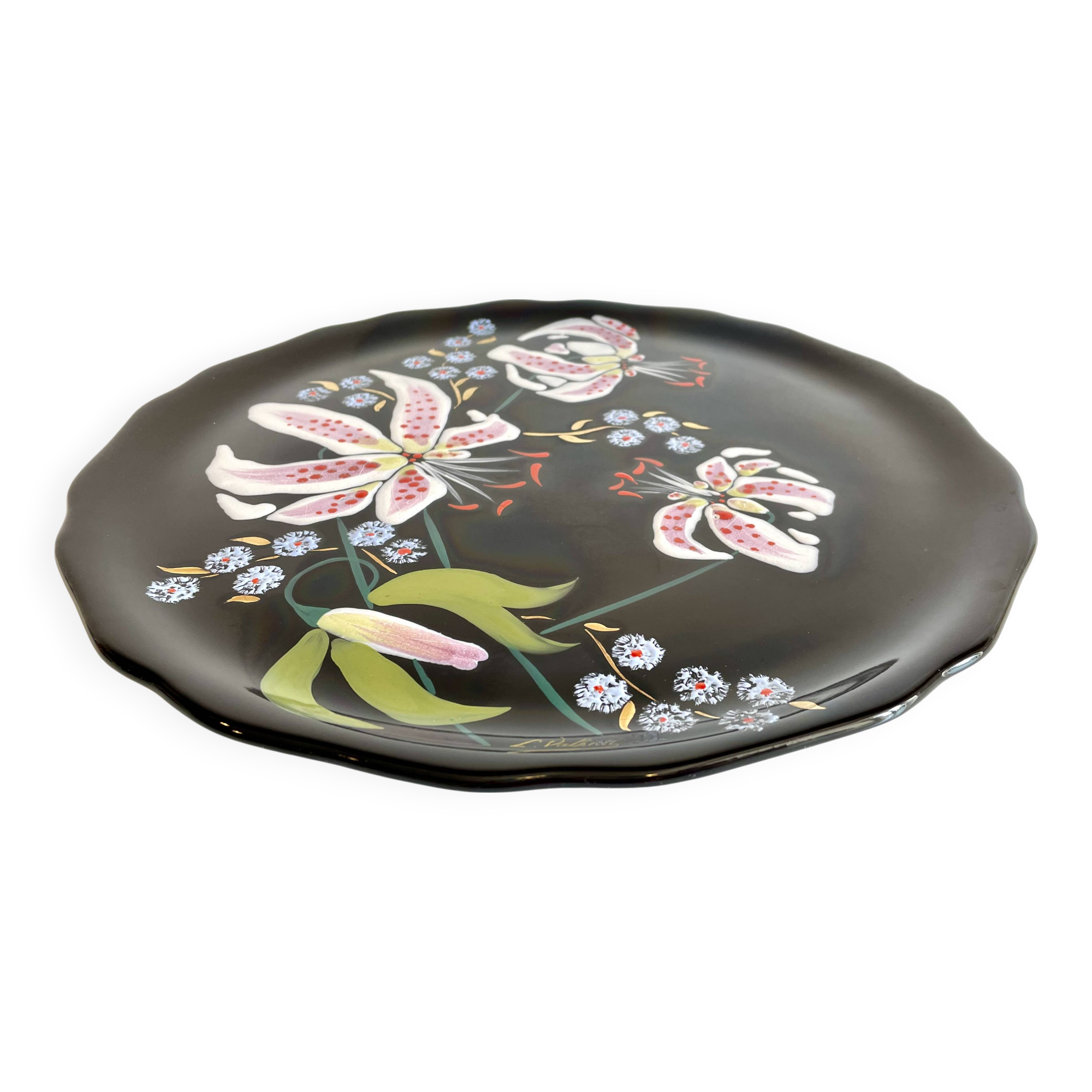 LONGWY earthenware dish with lilies signed L. VALENTI