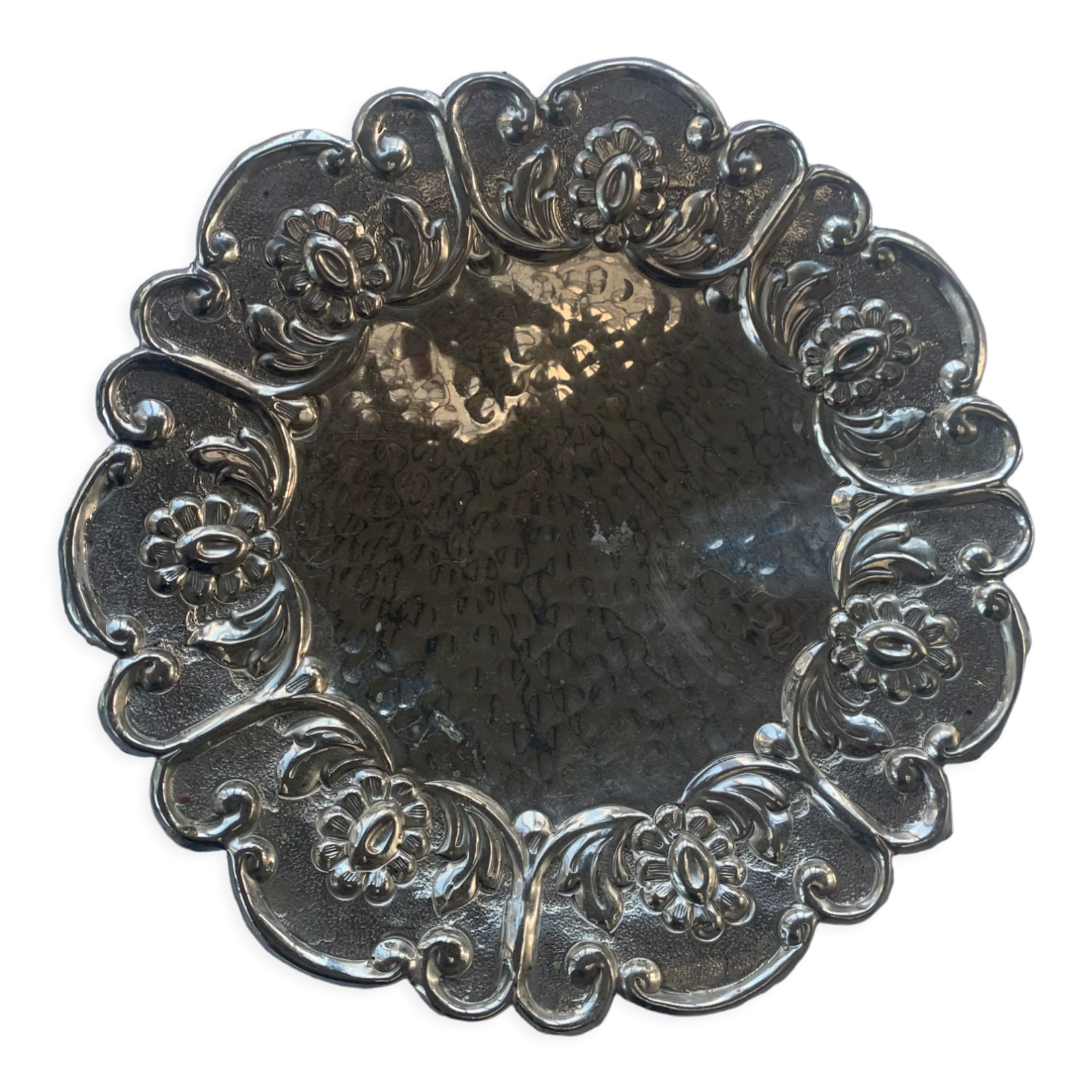 Hammered metal fruit cup vintage floral pattern