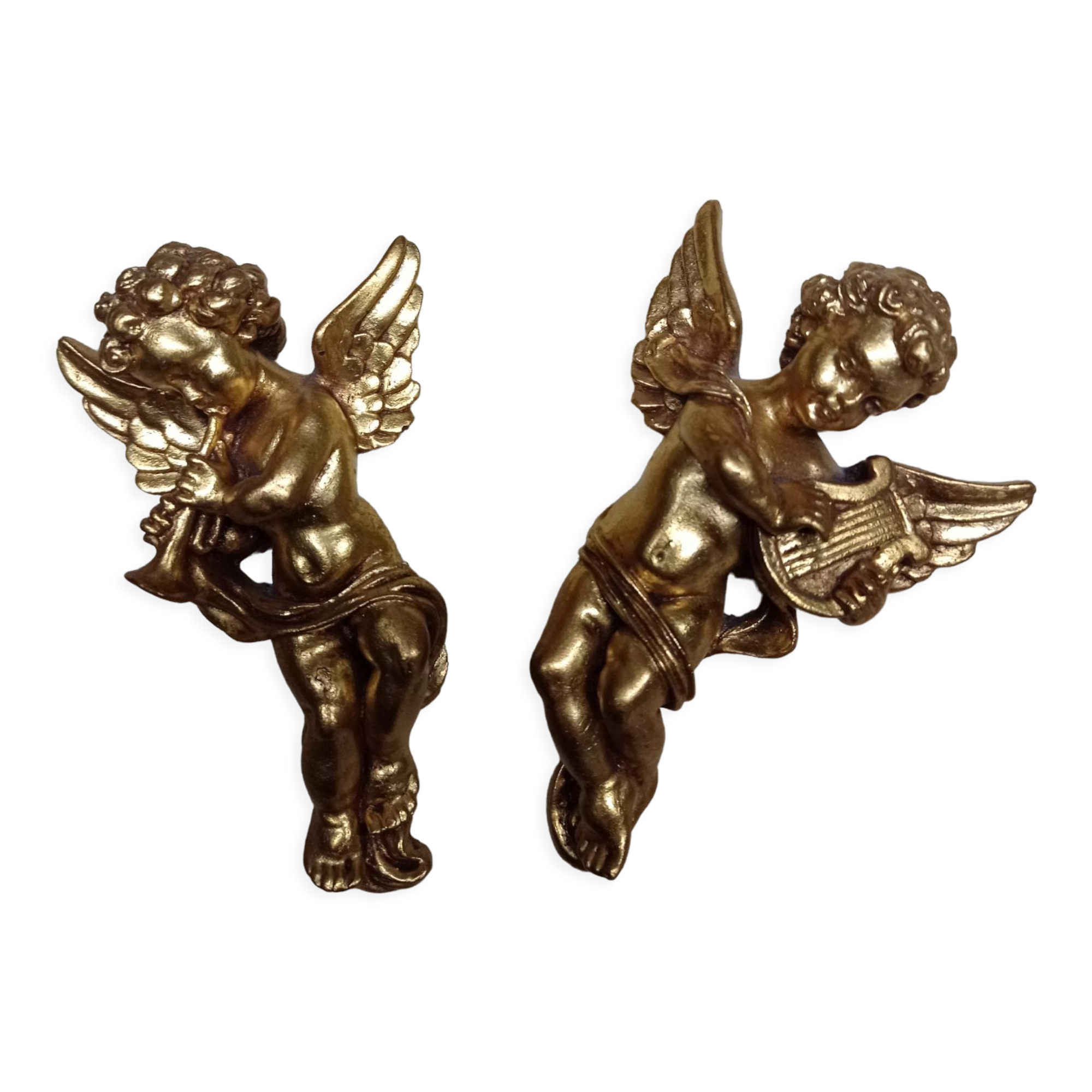 Set of two plaster cherubs gilded with fine gold